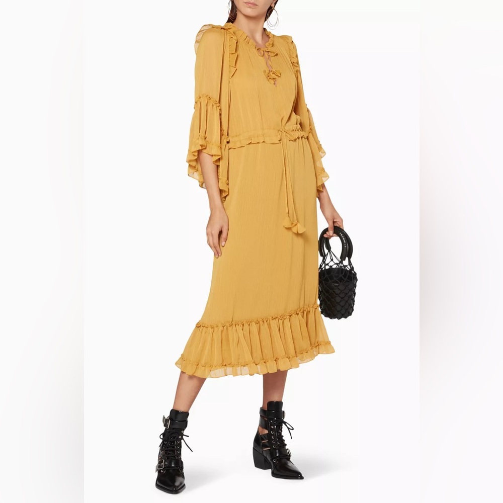 MISA Los Angeles Beliz Ruffle Tassel Tie Dress Mustard SZ Small